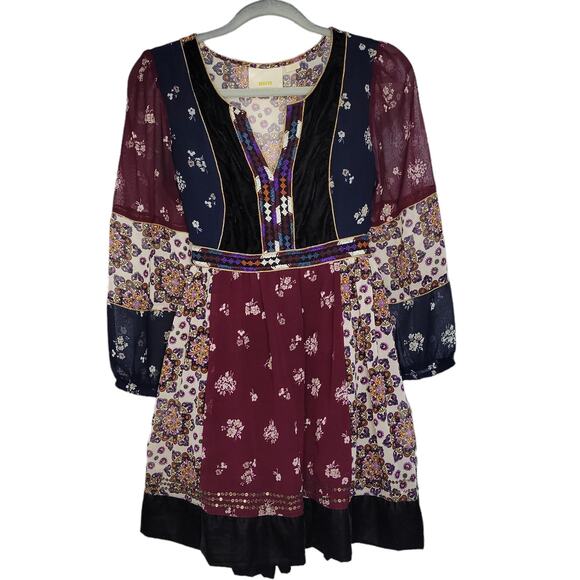 Anthropologie Maeve Quartier Latin Patchwork Velvet Mini Dress Women Sz SP - Picture 3 of 11